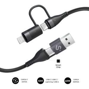 Cable SUBBLIM TOP 4 in 1 USB-A/USB-C/Lightning 1m 60W Carga Rápida Nylon Trenzado Negro