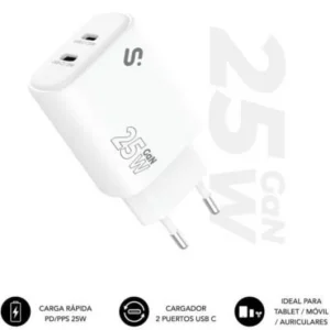Cargador SUBBLIM GaN 25 W Doble USB-C Compacto Carga Rápida Blanco